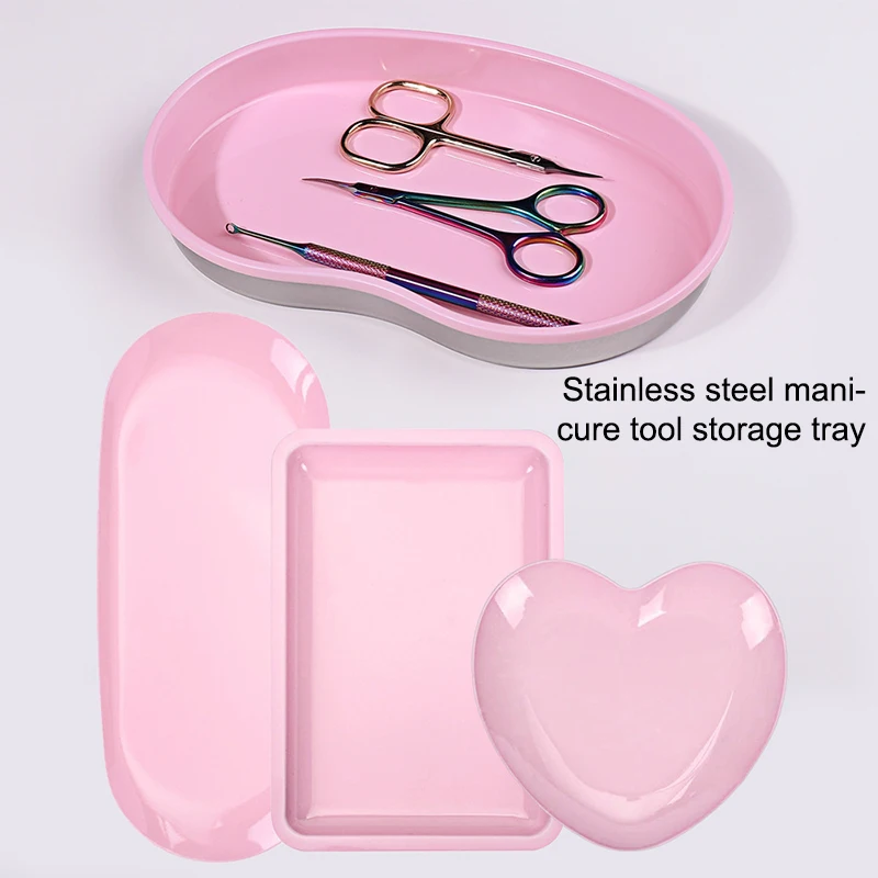 Pink Stainless Steel Nail Tool Rhinestone Storage Display Cosmetic Jewelry Tray Plate Doctor Surgical Desktop Storage