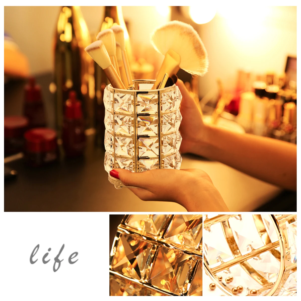 

Crystal Makeup Brush Holder Durable Safe Storage Hollow Barrel Cosmetics Tools Decorative Design Clean Tidy Home Store