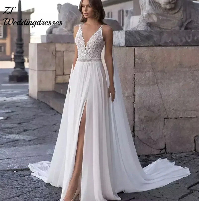 Vestido de noiva boêmio personalizado, decote em v, sem mangas, fenda lateral, alças espaguete, costas nuas, renda, apliques, até o chão, vestido de noiva