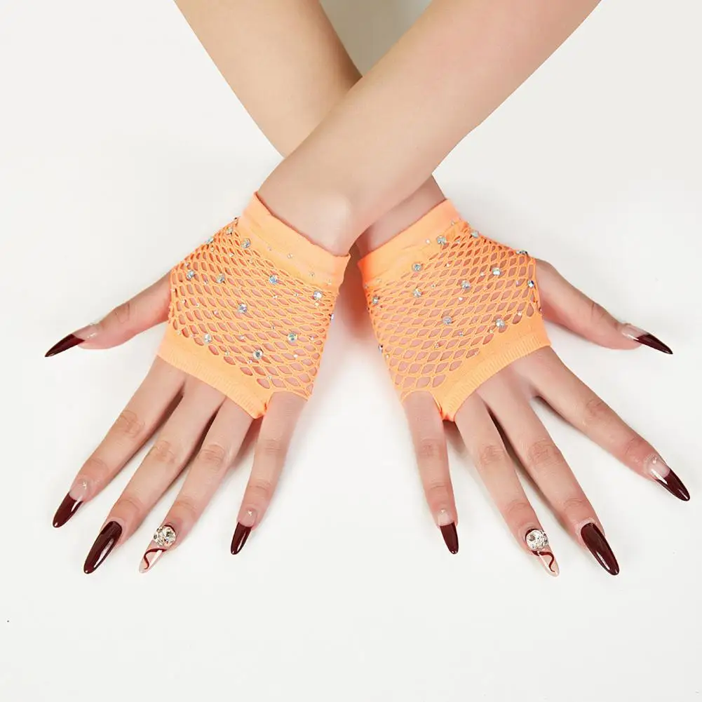 

1 пара перчаток для выступлений, ажурные тонкие стразы, декор, прозрачные перчатки без пальцев для косплея, клубные вечерние, праздничные перчатки