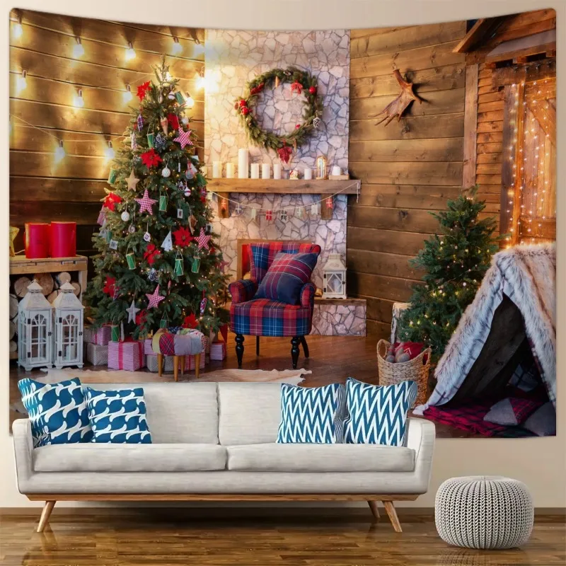 

1pc Christmas tapestry, Christmas tree fireplace snow background cloth, Christmas party photography background wall cloth