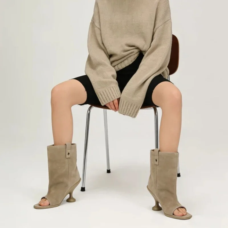 Spring and Summer New Wide Tube Round Toe Short Boots Fashionable Open Toed Fish Mouth Cool Boots 34-44 Large Ankle Boots