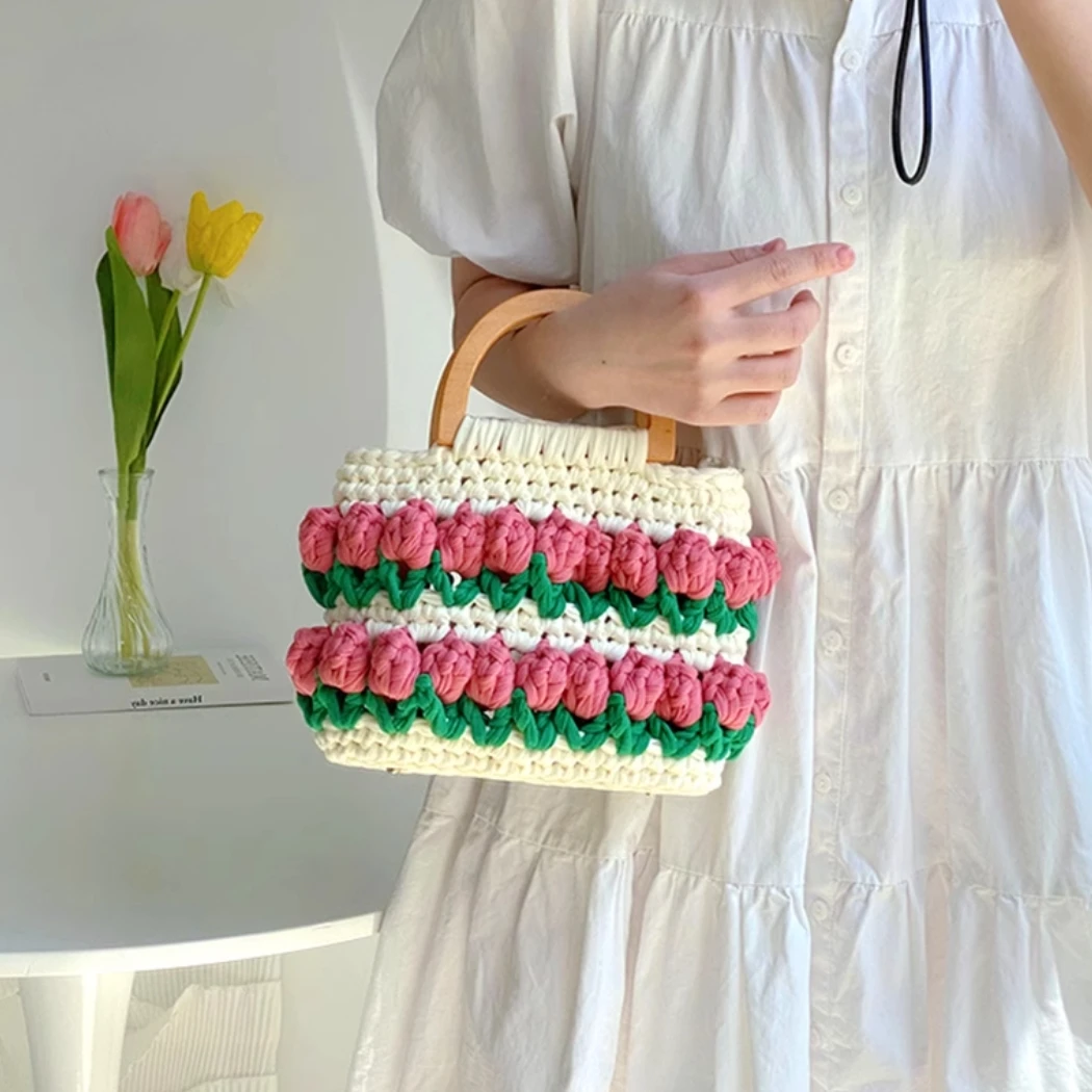 

Сумочка-тюльпан ручной работы, сумка из материала для вязания, тканевая нить, самодельная подарочная сумка для лучшего друга и подруги