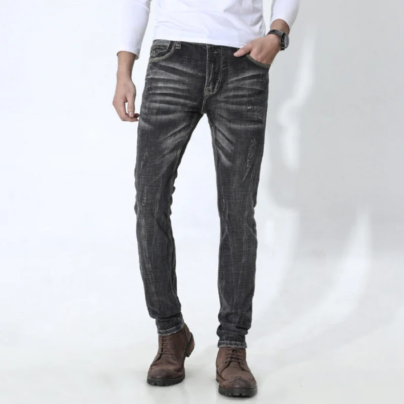 

JXN628 American jeans heavy duty cat whiskers men's casual Slim scratchy elastic small leg trousers man