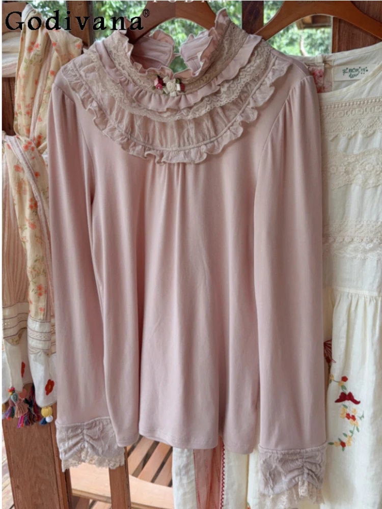 

Осенне-зимняя винтажная кружевная рубашка с длинными рукавами в японском стиле, полуводолазка с милыми оборками, утолщенный хлопковый топ в стиле Лолиты