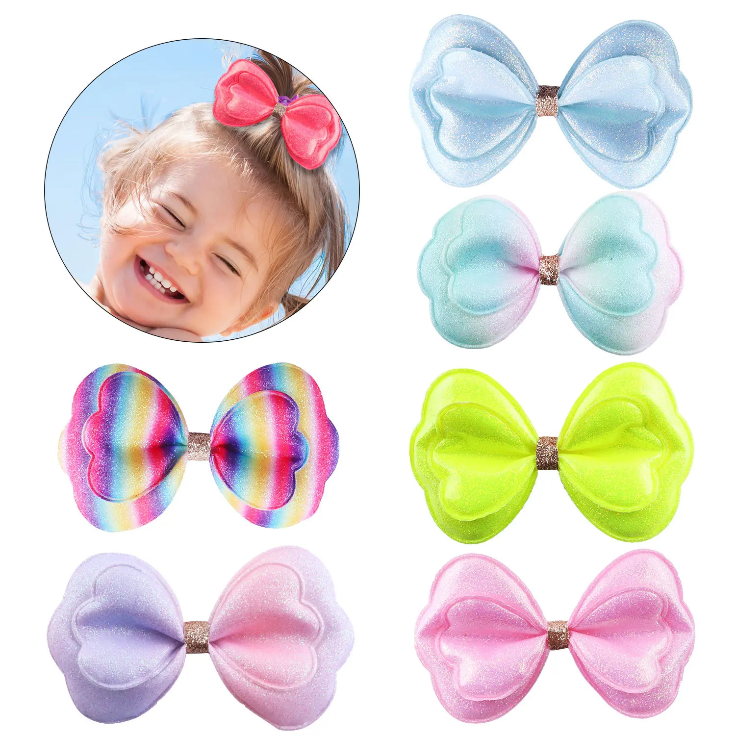 Cute Bow Hair Clips for Girls Glitter Bows Colorful Clips Rainbow Fabric Bows Ornaments  For DIY Crafts Hairpin Hair Accessories