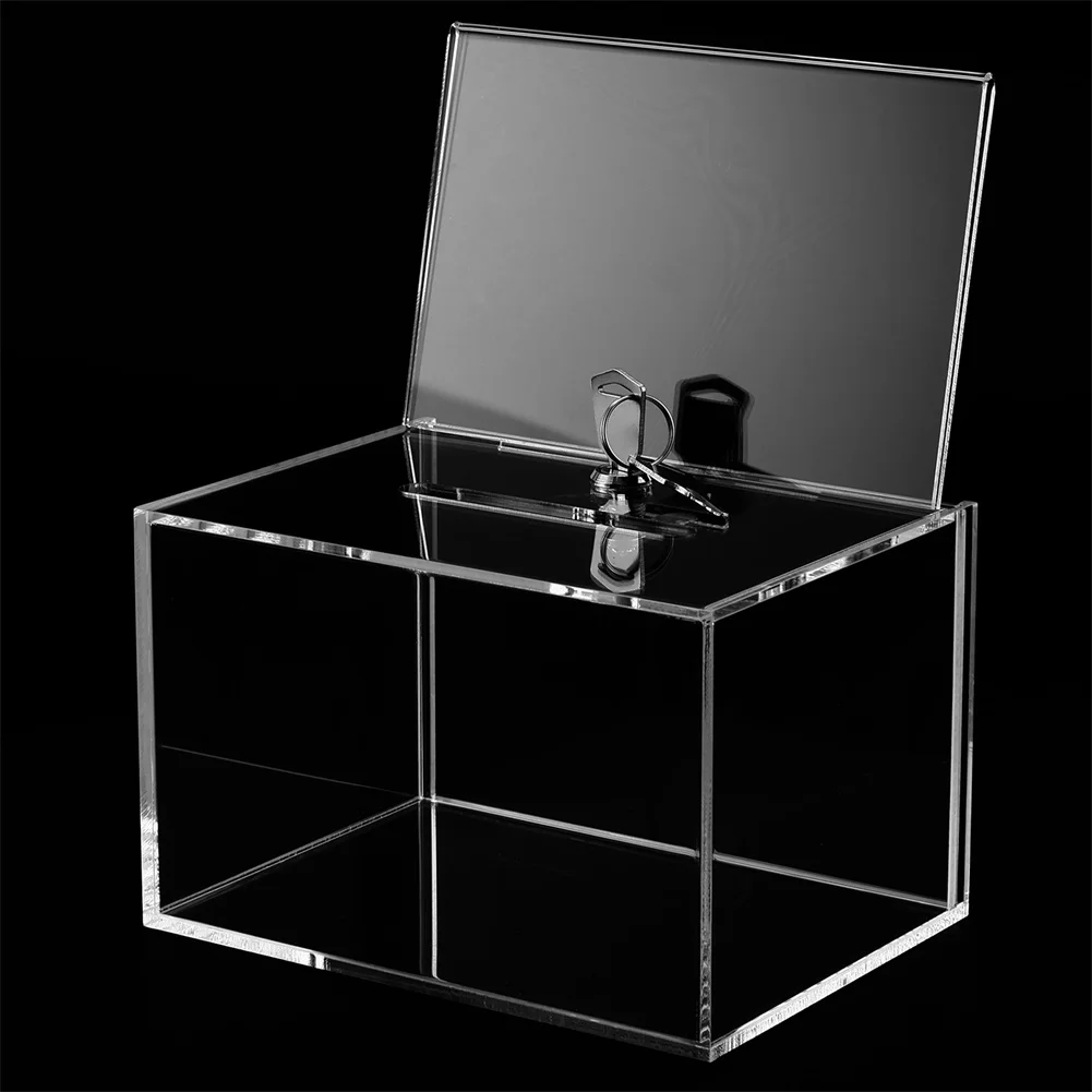 1 boîte de dons transparente en acrylique avec serrure et deux clés, urne avec porte-panneau pour bureau, école et événements