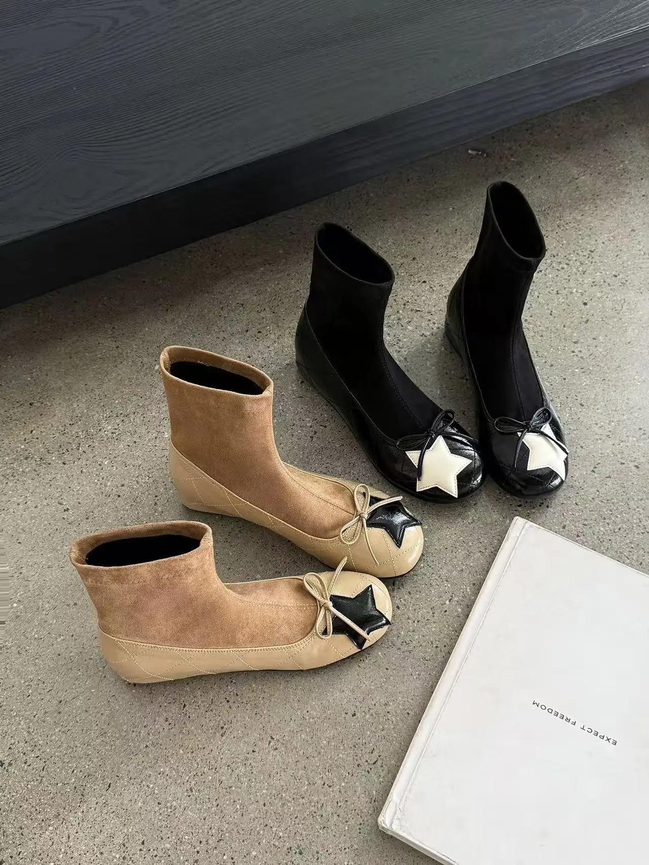 New Spring/Autumn Women Black/Apricot Colors Ankle Boots Flat Heel Sock Boots Star Patch Bow Easy Slip Casual Comfy Soft Booties