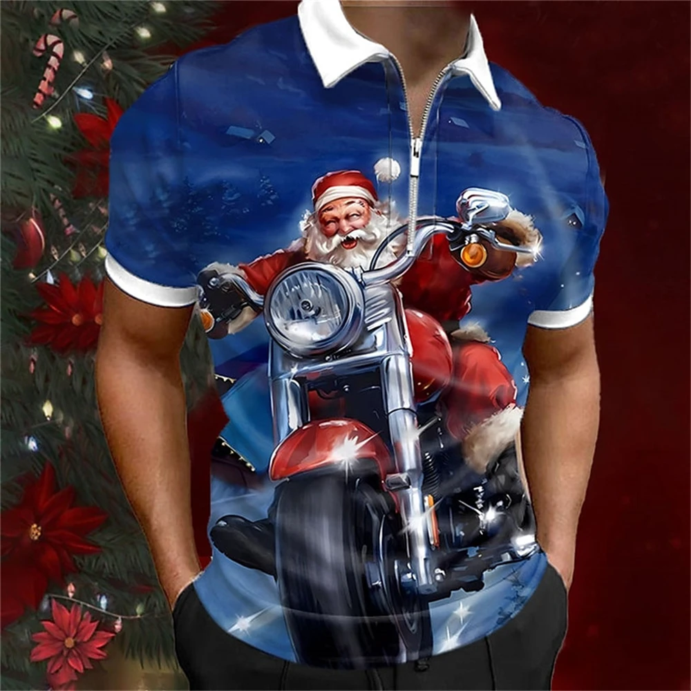 2024 Santa Claus pattern mens polo shirt Christmas t-shirt holiday casual zippershortsleeved top oversized polot-shirt,mensshirt