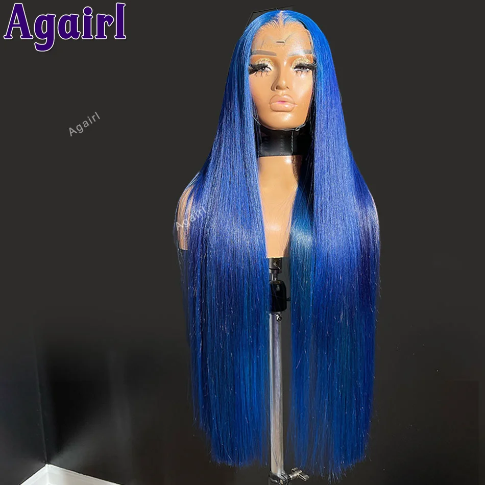 

200% Navy Blue Transparent 5x5 Lace Closure Human Hair Wigs PrePlucked Transparent 13x6 13x4 Straight Lace Frontal Wig for Women