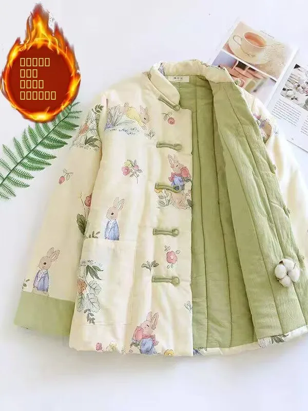 

Authentic Floral Cotton Jaet Thiened Warm Autumn Winter Outerwear Retro Button Cotton Coat Long Sve Loose Fit Coat