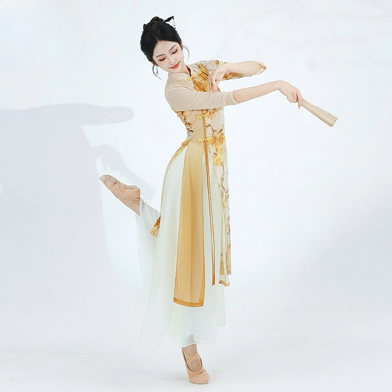 

Осенняя классическая танцевальная одежда Cheongsam для практики, элегантная женская китайская одежда