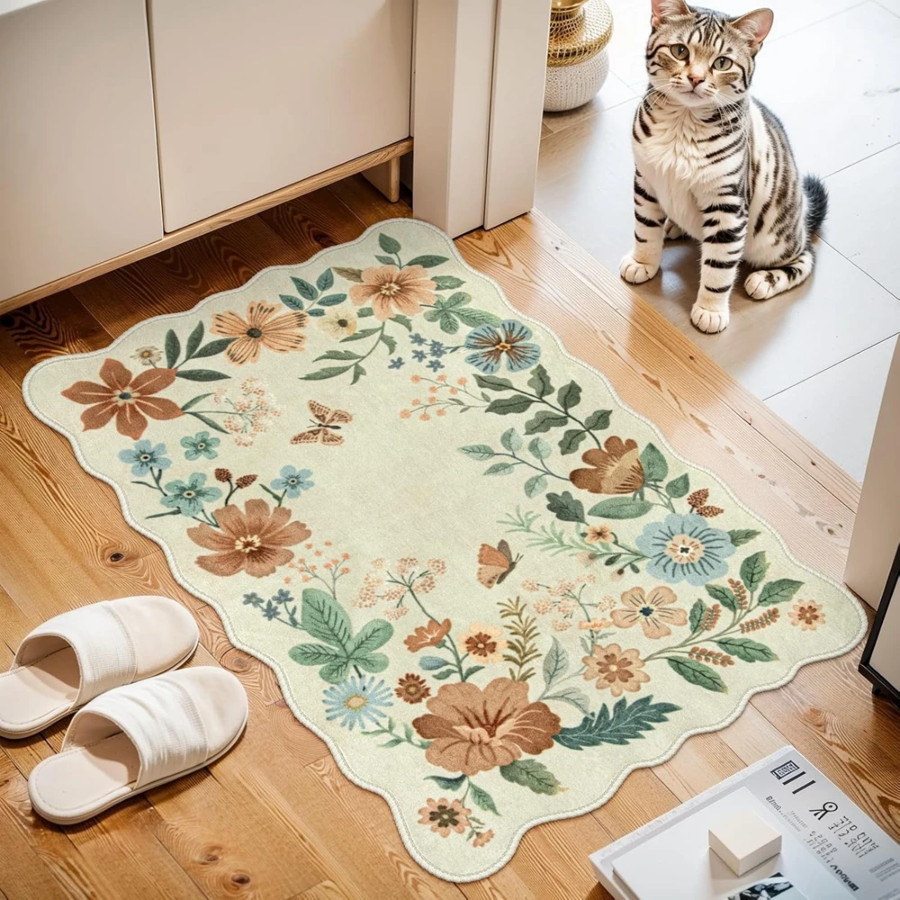 VIKAMA Bloem Kersttapijt Rood Slaapkamer Glad en Vlekbestendig Zacht Tapijt Woonkamer Entree Kantoor Woondecoratie