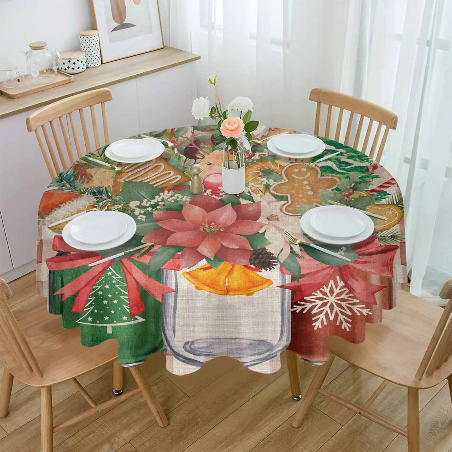 Christmas And Winter Pinecone Painting Waterproof Tablecloth Table Decoration Wedding Home Kitchen Dining Room Round Table