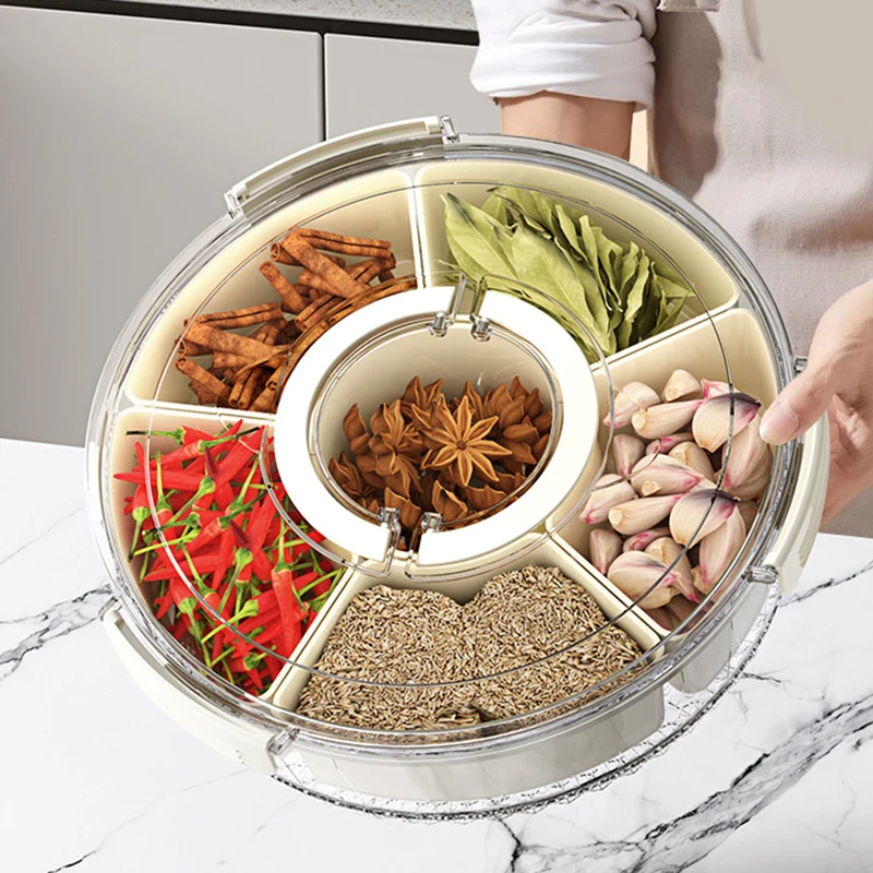 

Divideds Serving Tray with Lid Handle Portable Snack Platters Kitchen Food Container Rotatable Spice Compartment Storage Box