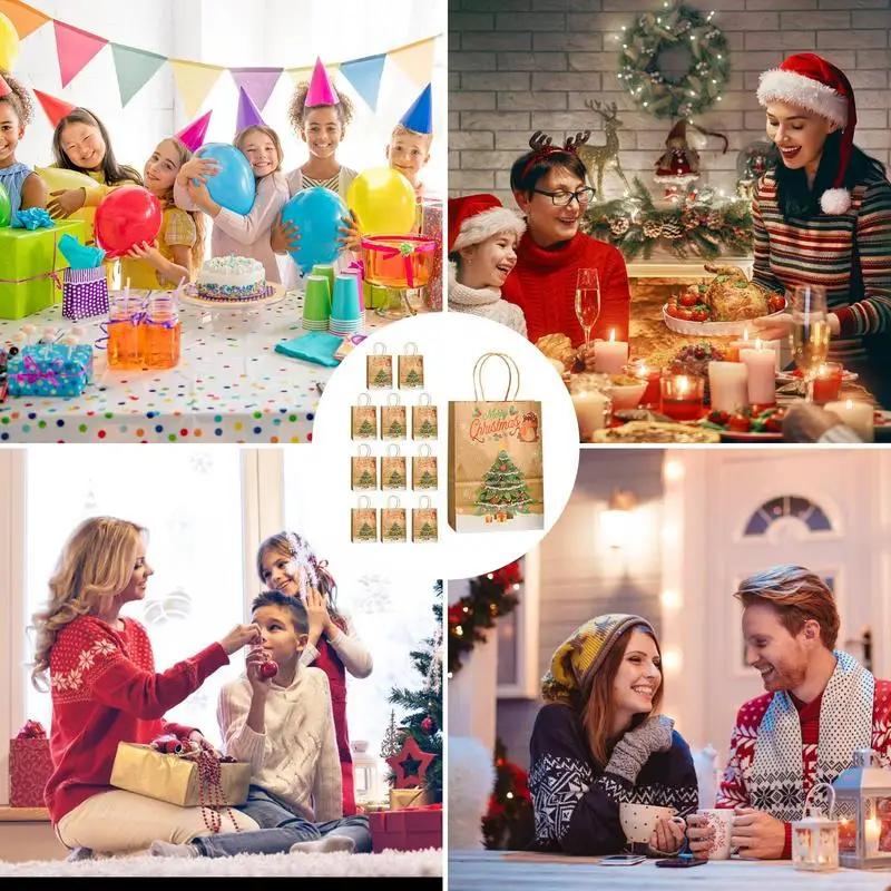 Bolsas de papel Kraft de Navidad para niñas, sacos de Navidad para regalos con exquisitos patrones navideños, 12 piezas