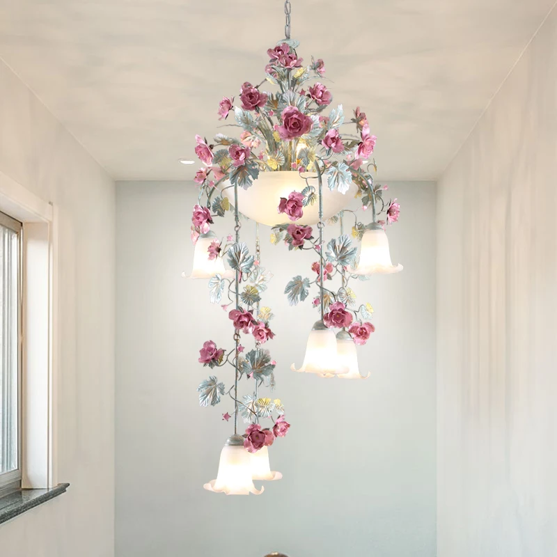 

Pastoral lofo duplex stair chandelier romantic handmade iron rose flower grass empty villa living room long chandelier