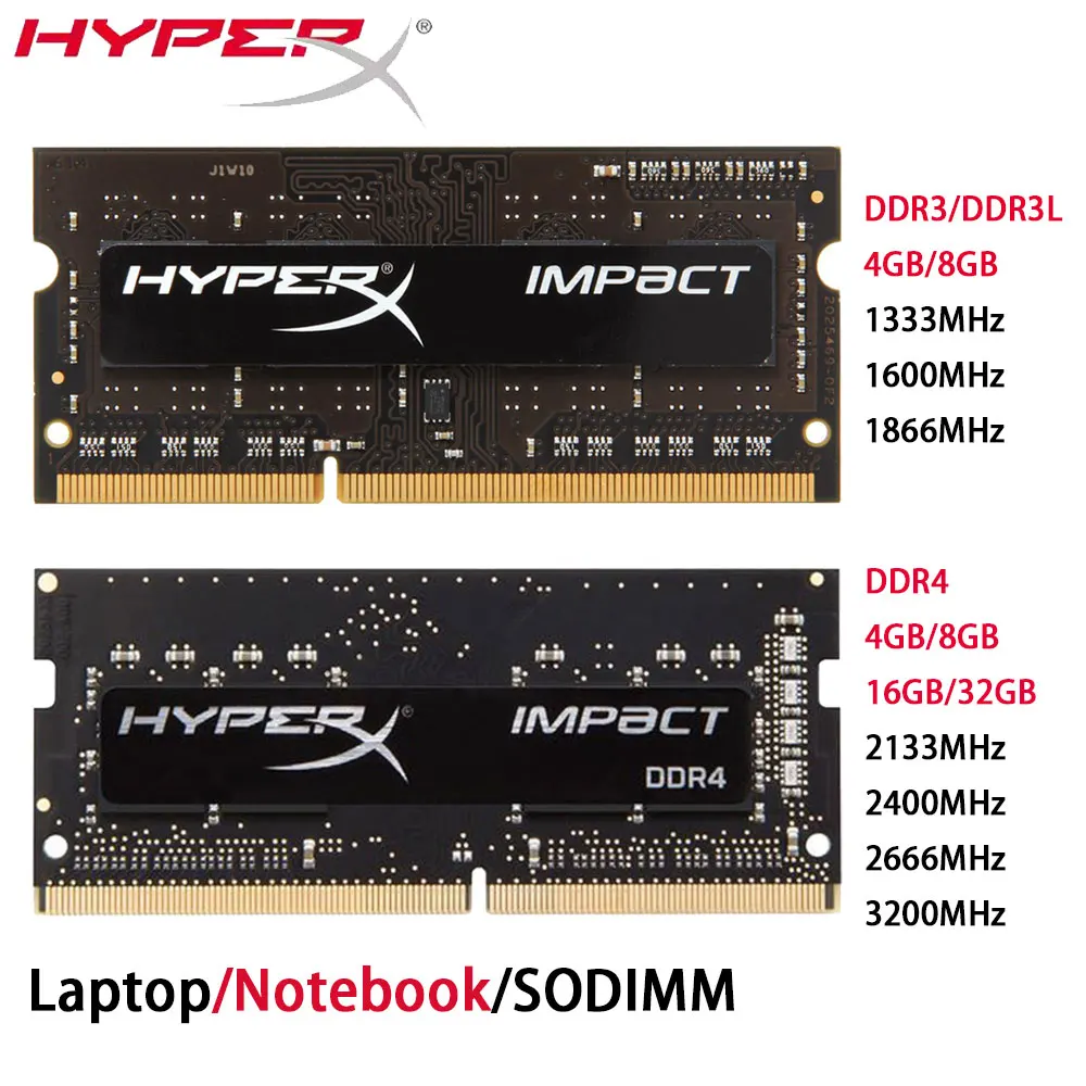 Memória RAM HyperX para Laptop DDR4 DDR3 DDR3L 32GB 16GB 8GB 4GB 1333 1600 1866 2133 2400 2666 3200MHz PC3-14900 SODIMM