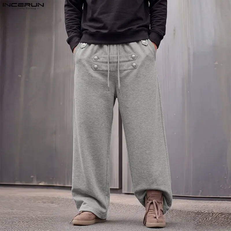 INCERUN Men's Pants Solid Drawstring Joggers Loose Casual Trousers For Man Streetwear Cozy Fashion Leisure Male Pants Pantalones