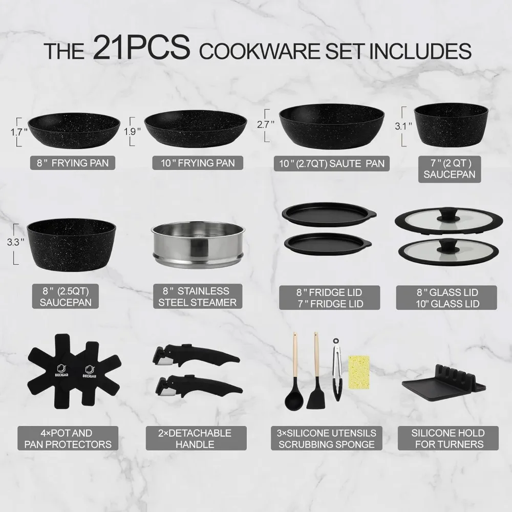 21PCS ceramic cookware set,Nonstick ceramic pan, Removable Handle pots and pans set, Stackable Pan Set, Ceramic Nonstick Pan Pot