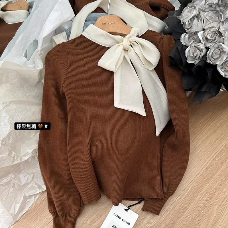 Chic Korean Bow Sweater Women Autumn Winter Long Puff Sleeve Pullover Sweaters Patchwork Knitted Sweater Pull Femme