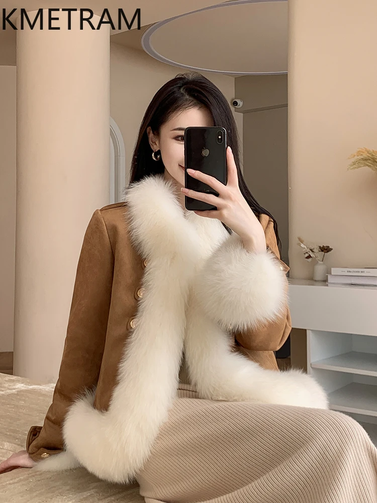 KMETRAM 100% 천연 여우털 칼라 프로모션 가격 여성용 모피 코트 - 쇼트 따뜻한 겨울 코트 코트 스타일 2025 모피