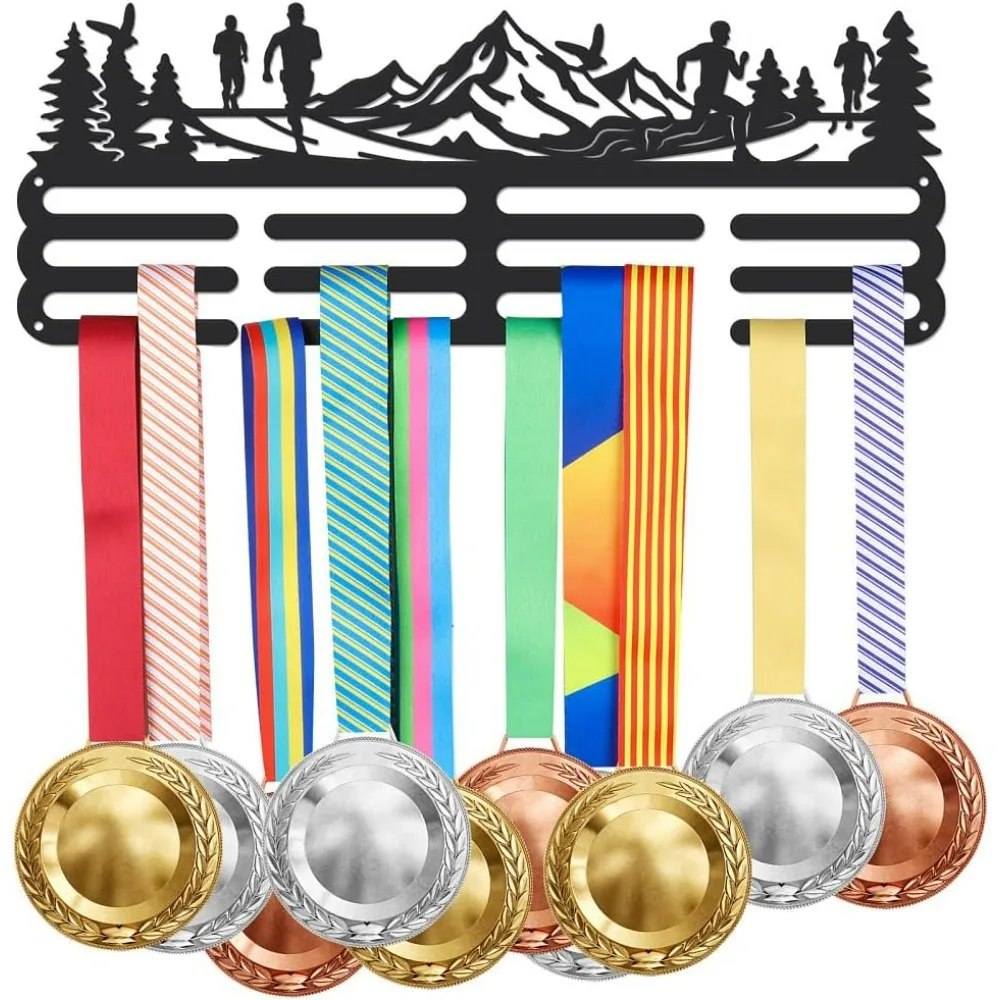 Running Medal Display Marathon Mountain Forest Scenery Medal Holder Park Run Black Iron Wall Mounted Hooks for Medal Rack