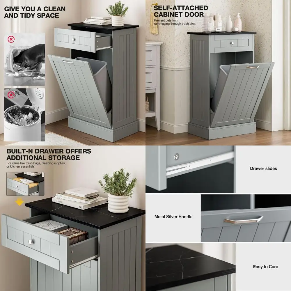 

10-галлонный деревянный наклонный шкаф для мусора, пригодный для вторичной переработки, со скрытым ящиком, серого цвета