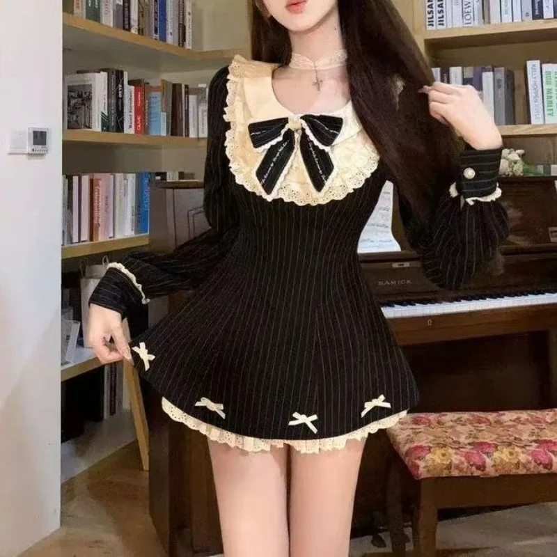 Outono novo kawaii estilo princesa arco vestidos coreano designer de moda doce vestido curto meninas elegante festa roupas finas 2025 novo