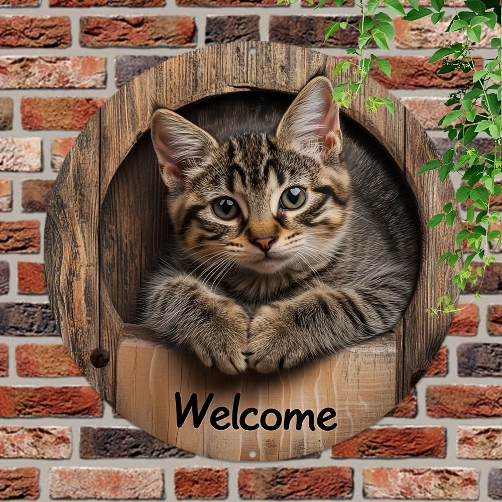 2D Flat, 2D Printed Wall Art - Cat Welcome Sign, Suitable for Streets, Courtyards, Shopping Centers, Garages, Cafes, Homes, Bars, Clubs, Kitchens, Restaurants, Laundry Rooms, Man Caves, Gyms, Bedrooms, Farms, Gardens, Farmhouses, Handmade Wooden Decorative Plaques, Home Decor, Garden Decor, Holiday Decorations, 2D Flat