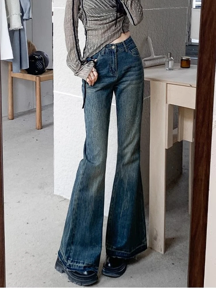 Burr Edge Design Vintage Flare Jeans High Waist Korea Casual Skinny Denim Pants New Women Streetwear Strecth Boot Cut vaqueros