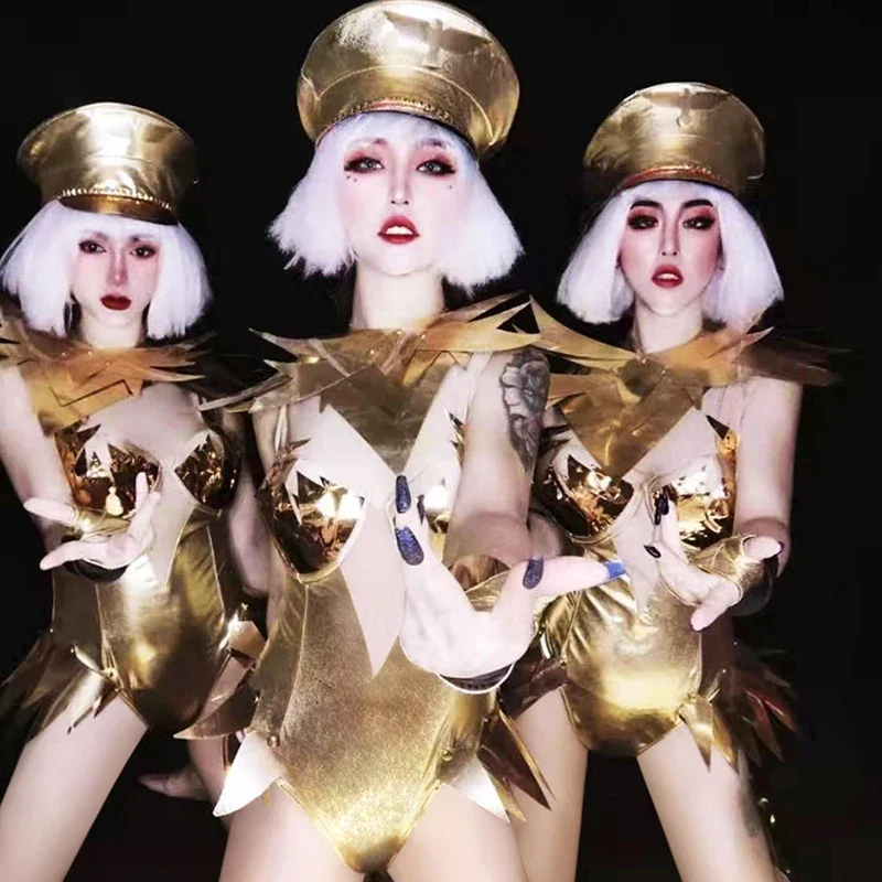 

Костюмы Gogo для ночного клуба Dj Ds Фестивальная одежда Женский комплект из лакированной кожи для танцев на пилоне Сексуальное золотое боди для сценического шоу Клубная одежда XS4867