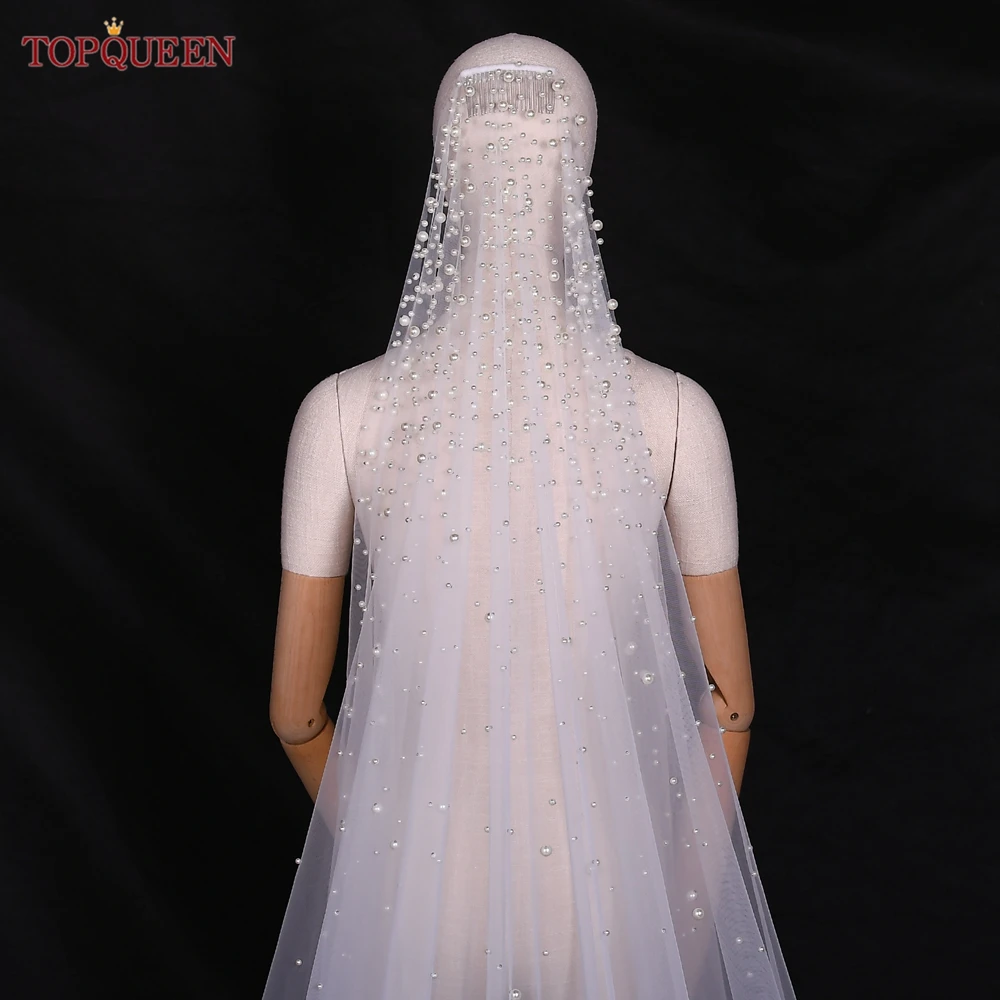 

TOPQUEEN Luxurious Wedding Veil with Pearls 5 Meter Long Bridal Veils Delicate Beaded Cathedral Length Veil for the Bride v139