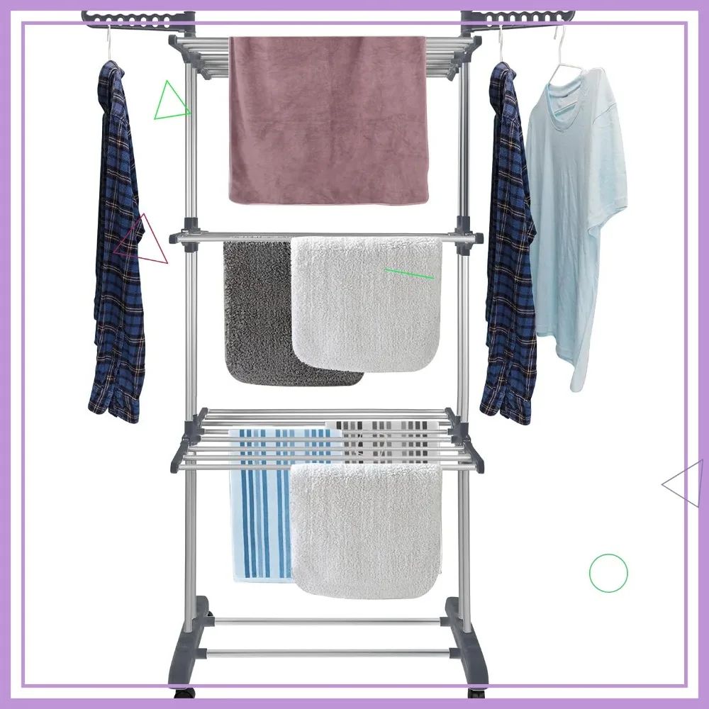 

4-Tier Folding Clothes Drying Rack with Side Wings, Stainless Steel Laundry Rack for Indoor Outdoor Use