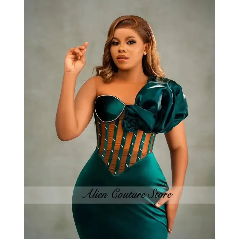 

Aso Ebi Hunter Green Mermaid Evening Dresses One Shoulder Prom Dresses Flora Illusion Birthday Second Reception Gown Customized