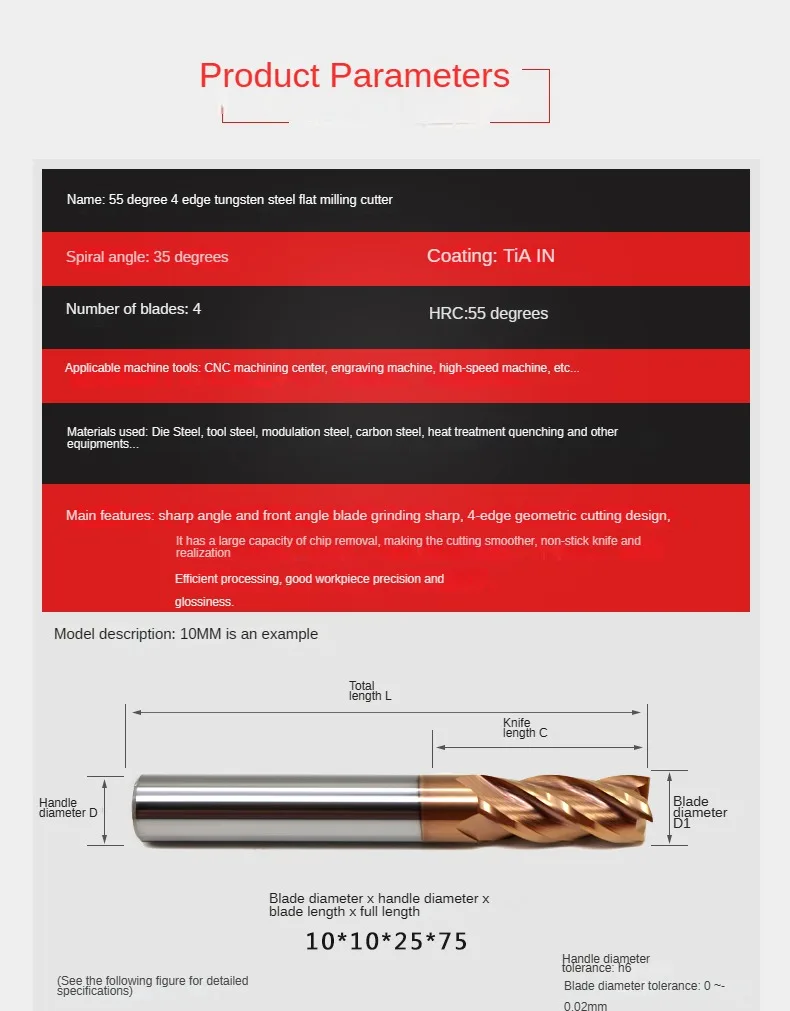 HRC55 4-Klingen Hartmetall-Wolframstahl Fräser mit Flachboden für NC-Bearbeitung, Legierungsbeschichteter Stahlfräser, Schneidwerkzeuge – Detail 2