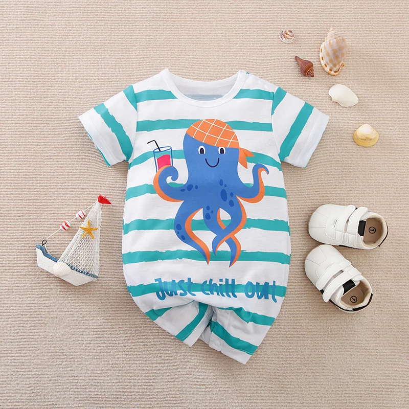 Summer Newborn Boys And Girls Cute Cartoon Octopus Print Comfortable Casual Short Sleeve Baby Bodysuit