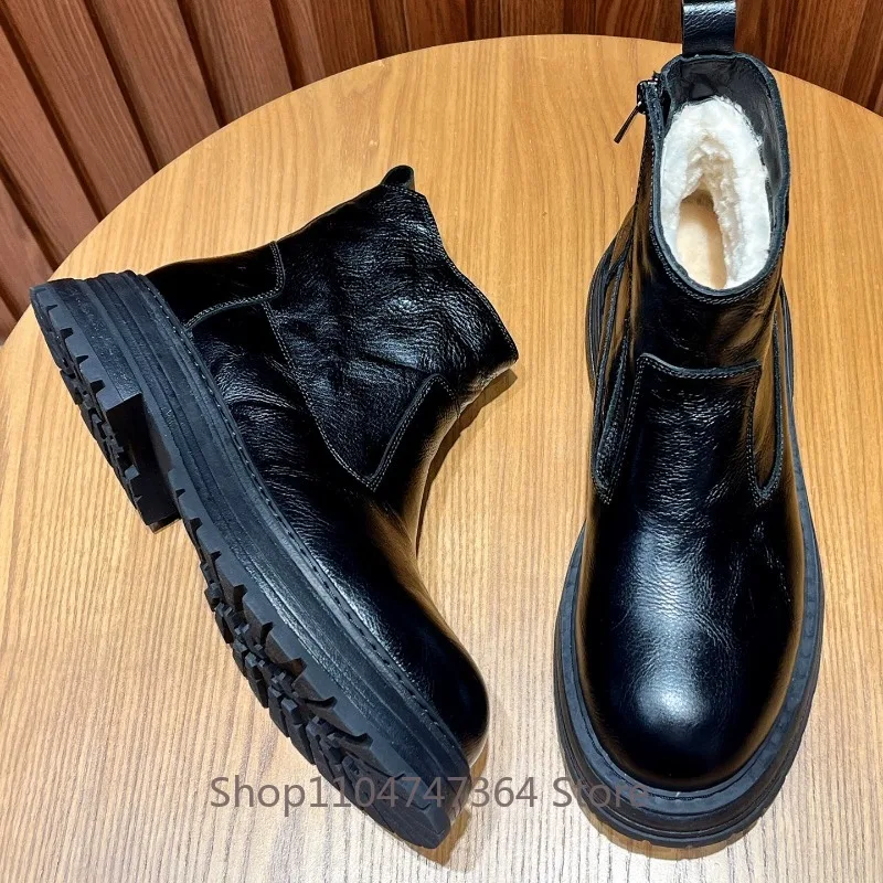Vintage Genuine Leather Ankle Boots Men Thick Platform Wool Warm Winter Snow Boots Side Zipper Non‑Slip Casual Motorcycle Boots