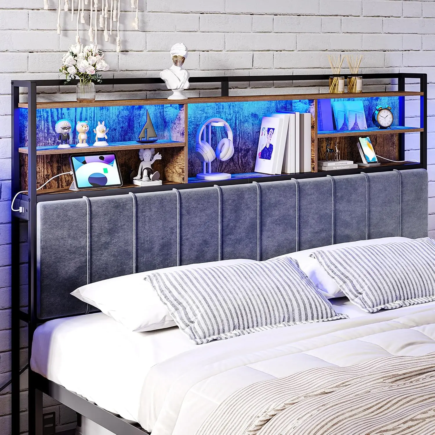 King Size Bed Headboard with Three Tiers of Storage Shelving