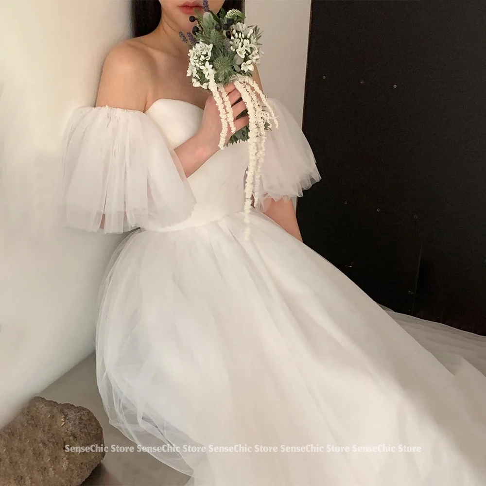 Vestidos de novia elegantes con forma de corazón, tul con hombros descubiertos, volantes, manga abombada de Corea, vestido de novia sencillo personalizado