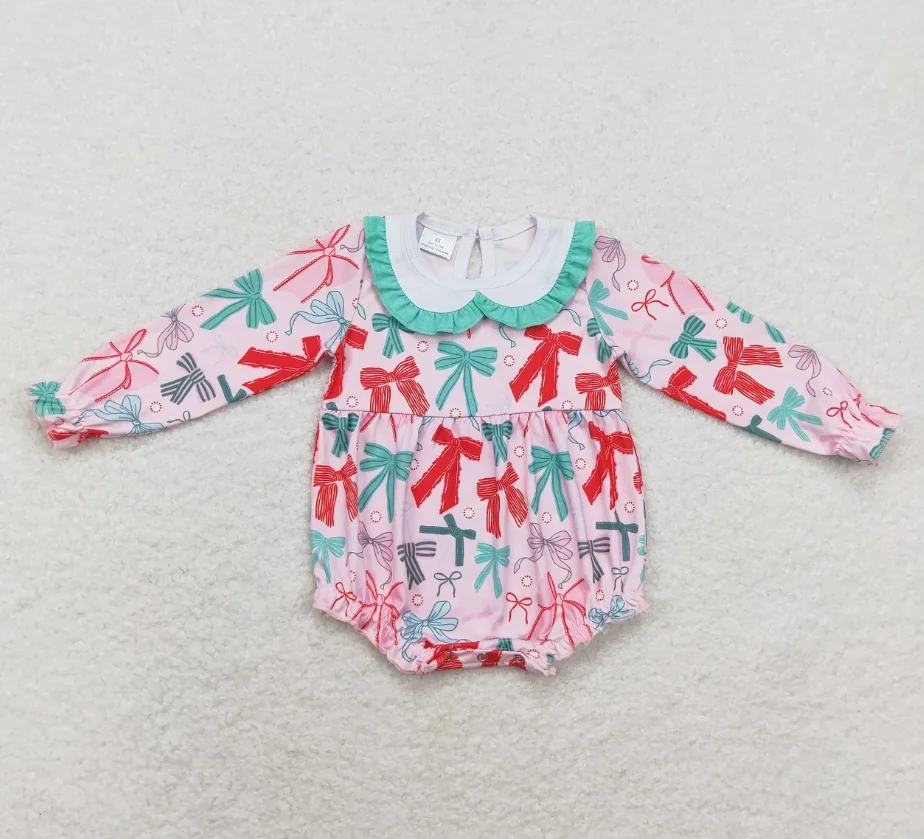 

Wholesale Kids Christmas One-piece Newborn baby romper Long Sleeves Colorful Bows Baby Girl Bubble Romper