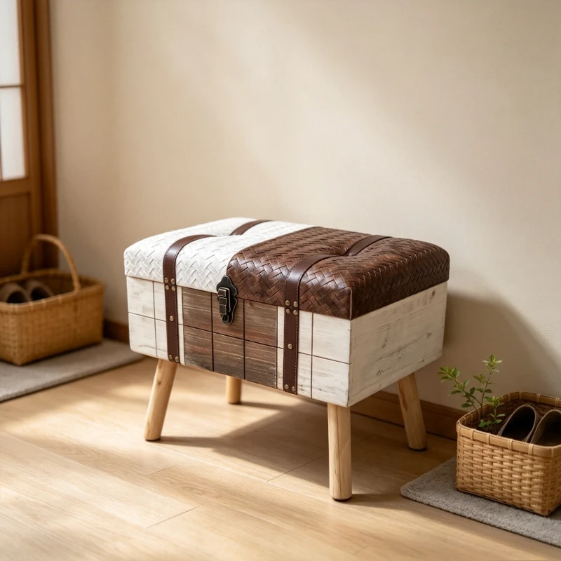 Vintage Storage Ottoman, Entryway Shoe Changing Stool with Soft Cushion, Upholstered Bench for Living Room, Aesthetic Home Decor