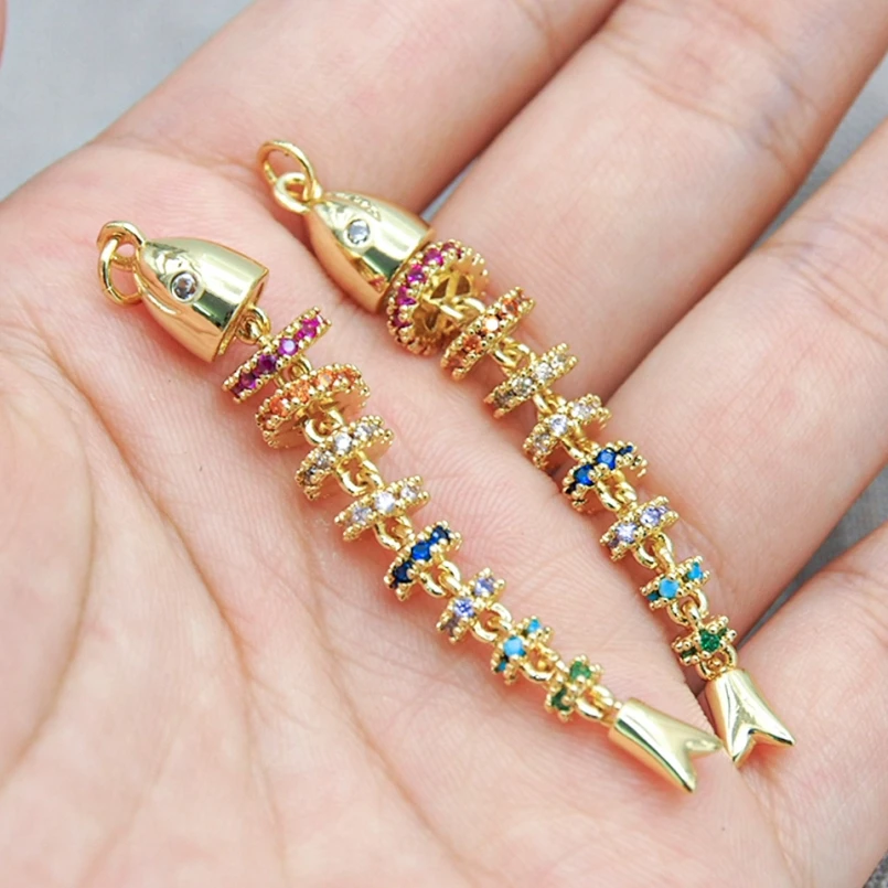 5Pcs Fish Nautical Invisible Setting Pendant Gold Color Copper Cubic Zirconia Approx 7.9x55.8mm Jewelry Special Gift