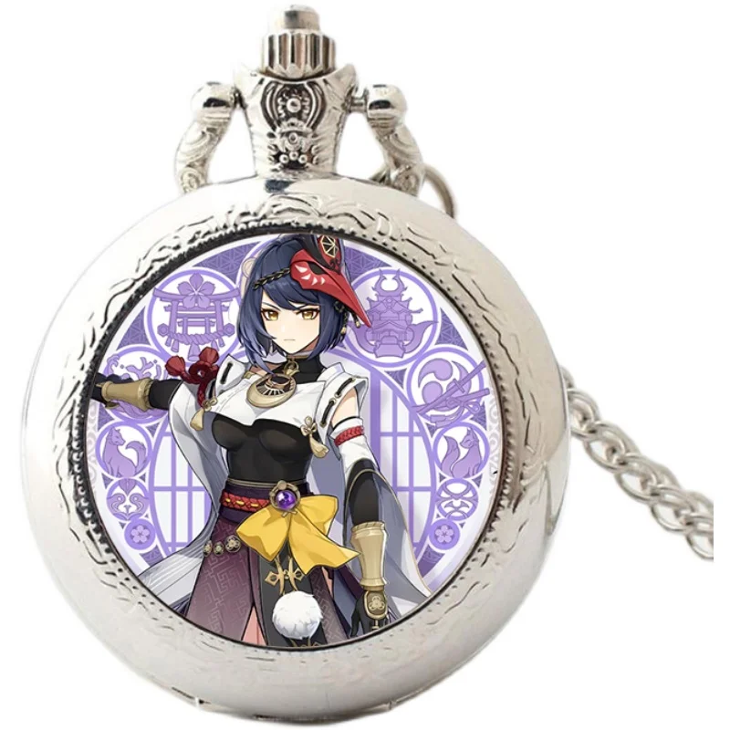 Game Genshin Impact Pocket Watch Vintage Customizable pictures Figure Necklace Hutao Zhongli Cosplay Pendant Jewelry Fans Gifts