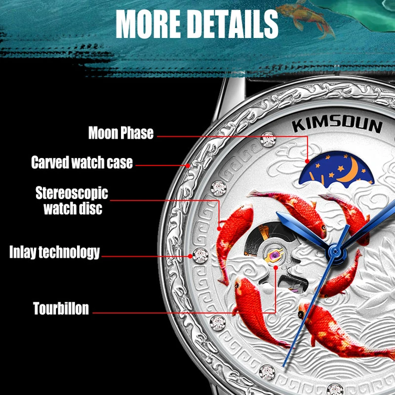 2022 Kimsdun Koi Automatic Mechanical Watch Men Luxury Brand Waterproof Genuine Leather Chinese Style Diamond Men Wrist Watches