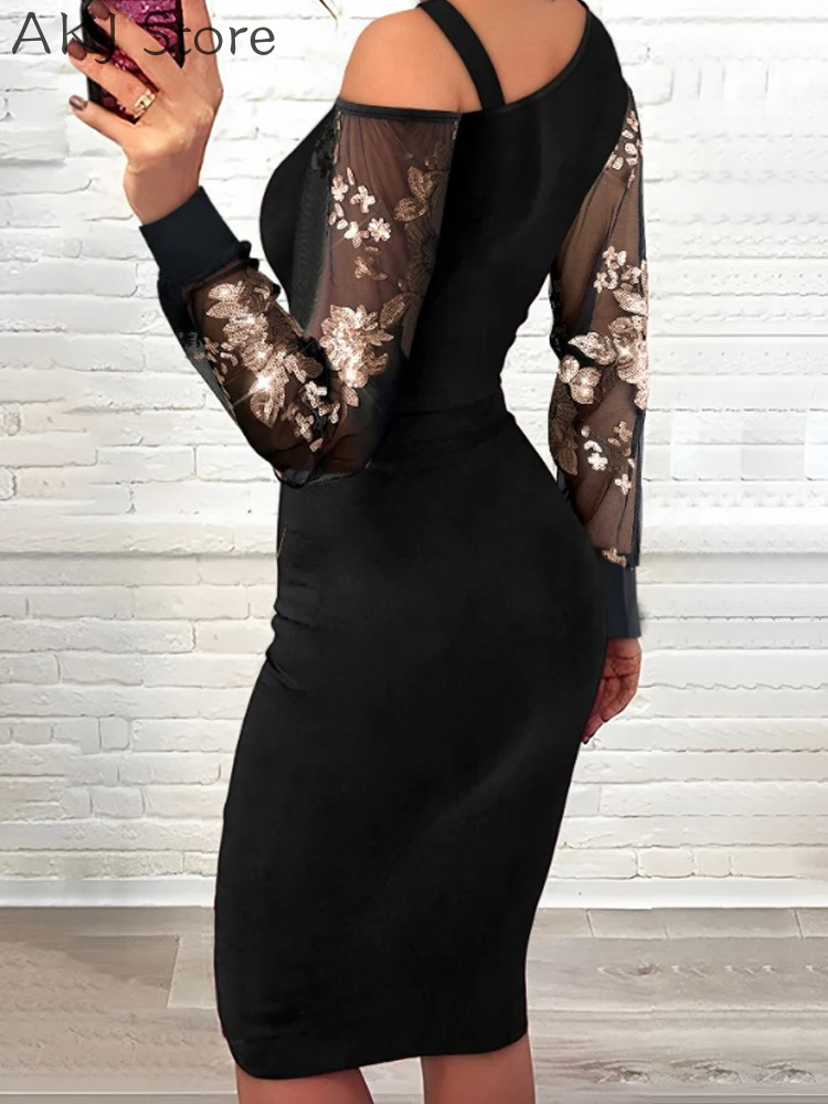 ดอกไม้เลื่อมไหล่เย็นชุดเข้ารูป Zip Up SHEER ตาข่าย Patchwork MIDI Dress