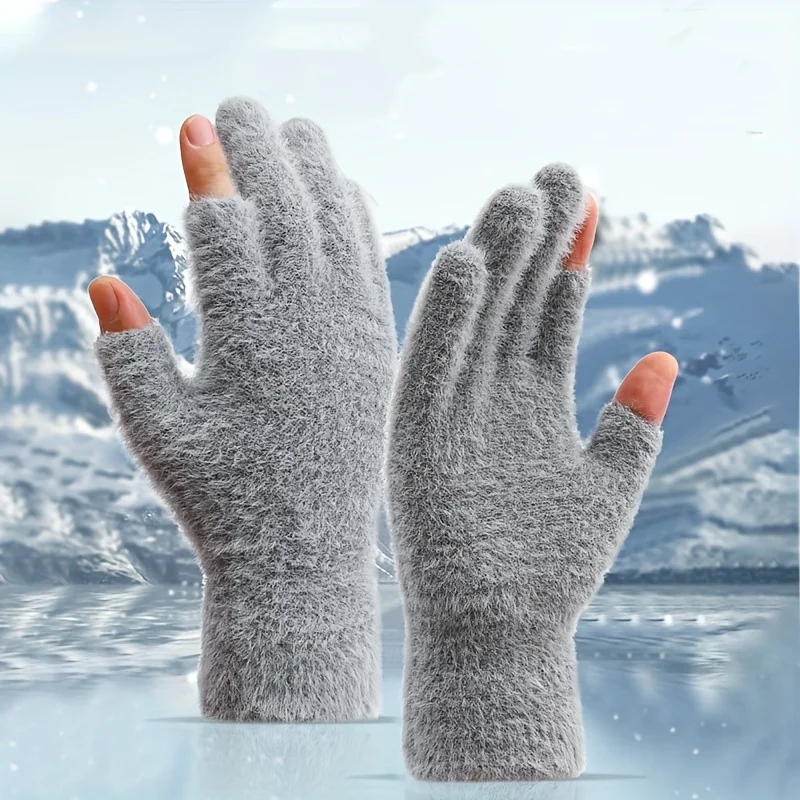2pcs Black Gray Women's Winter Warm Fingerless Gloves for Writing and Touch Screen Use Casual Outings Winter Gloves