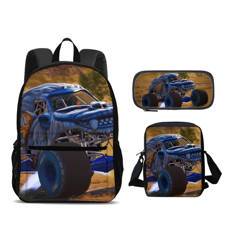 Monster Jam Backpack Pen Bag Shoulder Bag 3Pcs Set Large Capacity Cartoon Print Best Birthday Gift for Male and Female Students