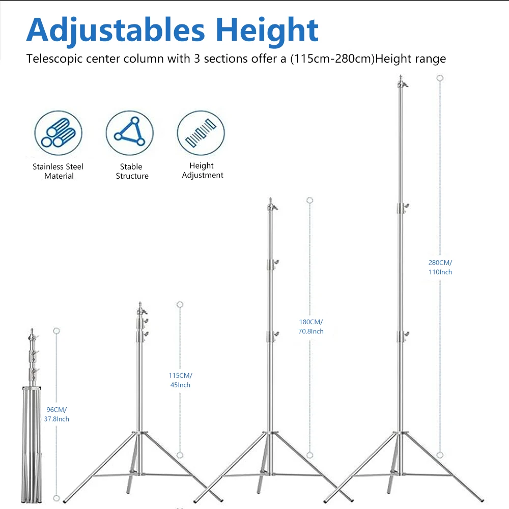 2.8M Light Stand Stainless Steel with 1/4 -inch to 3/8-inch Universal Adapter 110 inches/280 centimeters Foldable Support Stand