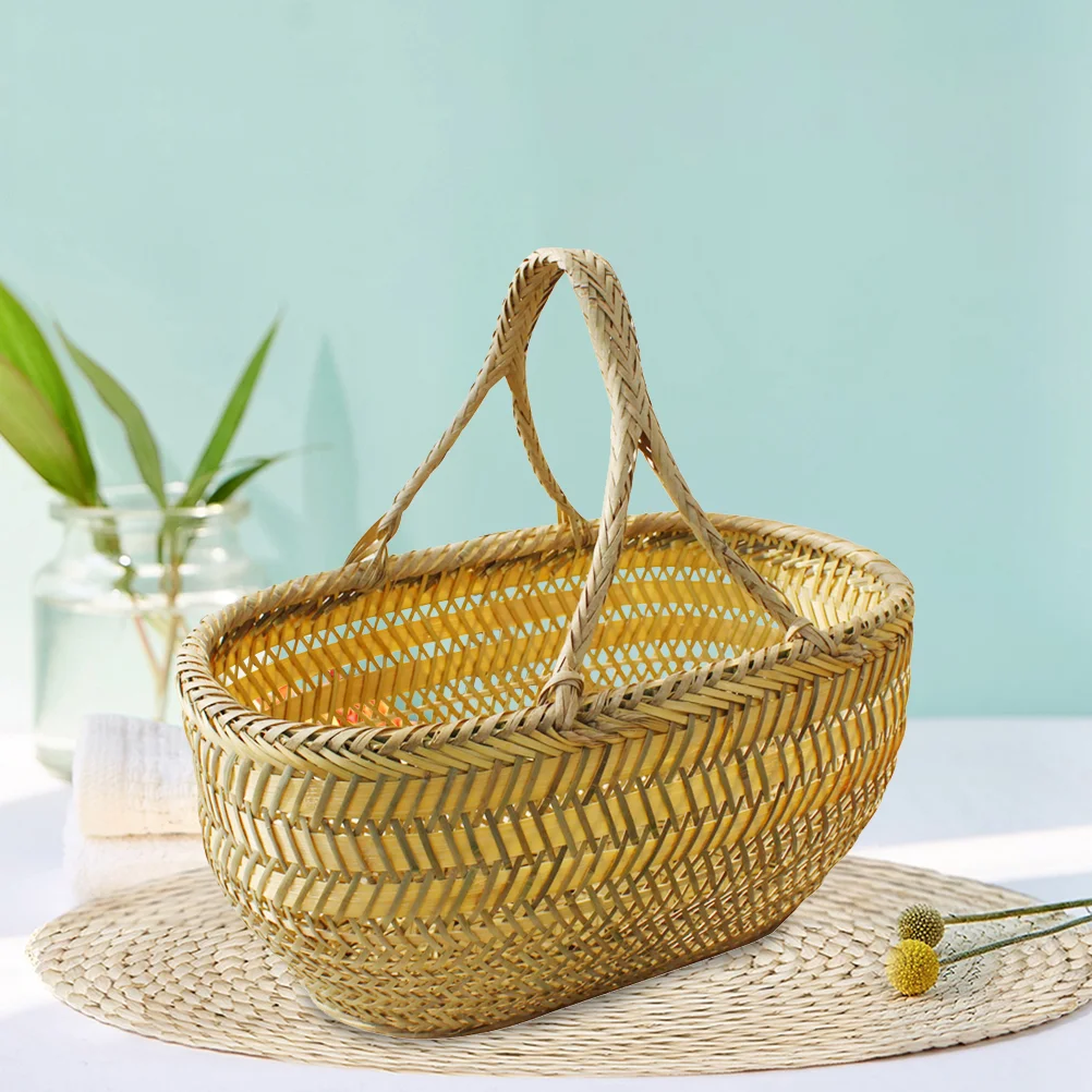 Hand Shopping Basket Picnic Food Holder Gardeners Harvest Vegetables Fruit Storage Bamboo Small with Handle Weaving